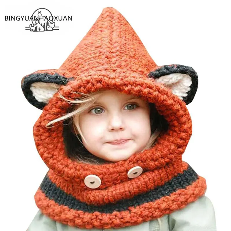 BINGYUANHAOXUAN2017 зимние уличные шляпы вязание шерсть кошка мягкие теплые шапки для маленьких девочек шаль Лыжная Шапка кепки Шапки Набор и шарф набор