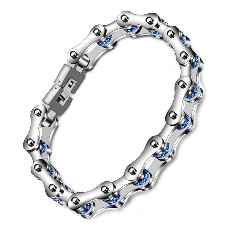 

Men Motor Biker Motorcycle Chain Bracelets Polished Stainless Steel Blue CZ Silicone Cuff Bangles Rubber Male Jewelry
