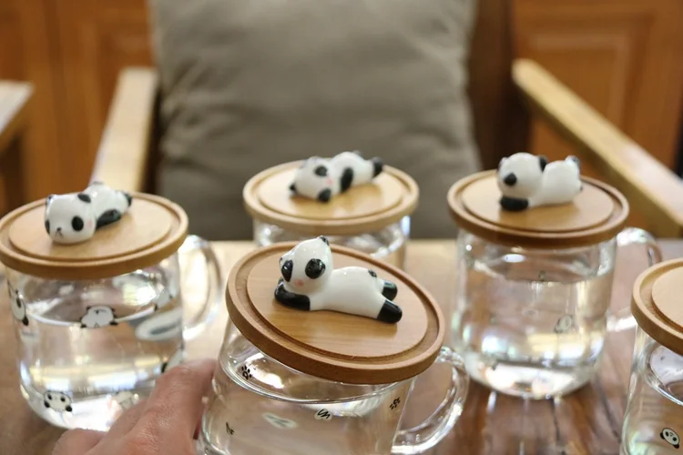 Горячая Cafeteira индивидуальная термостойкая стеклянная деревянная покрытая стерео панда кофейная кружка Мультяшные водяные кружки с крышкой экологичные