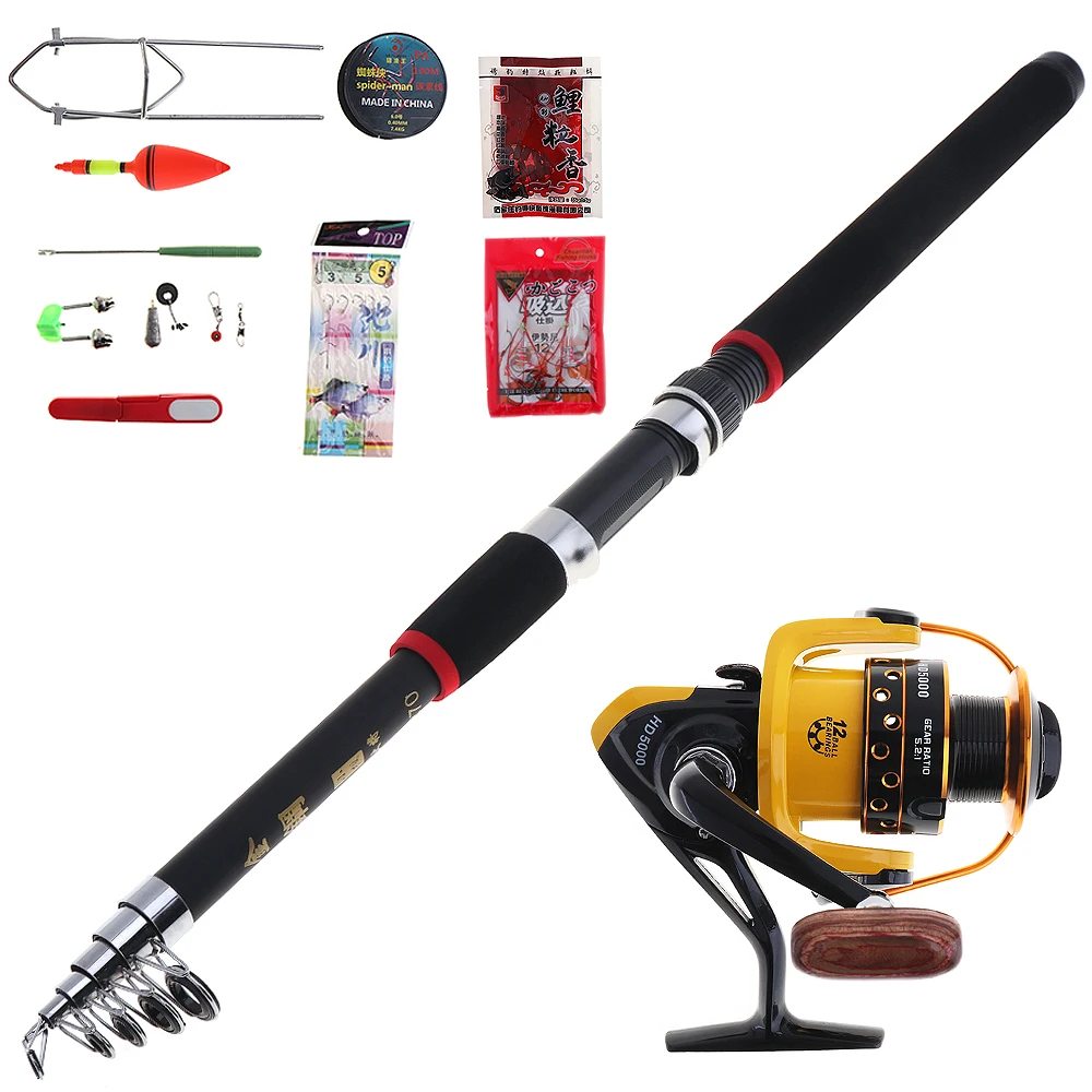 15pcs 2.4m Fishing Rod Reel Combos Full Kit Telescopic Spinning Pole Lure Line Hook Track Tool Set for Ocean Fishing