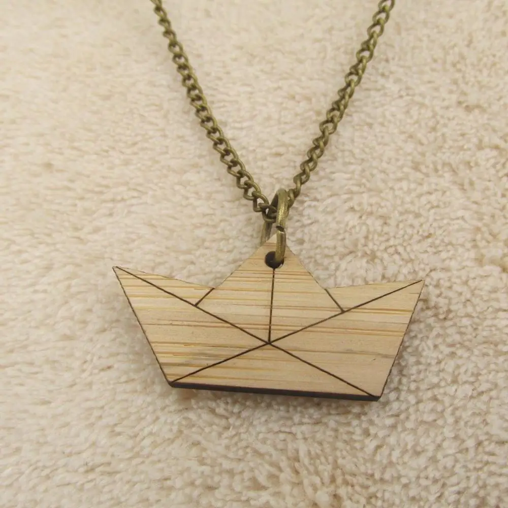 origami boat ОРИГАМИ Бумага самолет Лодка кран деревянная цепь ожерелье корабль кулон бамбуковое дерево графические ювелирные изделия морской аксессуар - Окраска металла: origami boat
