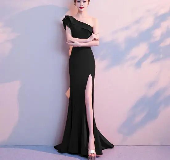 

One-Shoulder Long Dress Elegant Celebrity Christmas Sexy Night Club High Slit Women Evening Party Bodycon Dresses