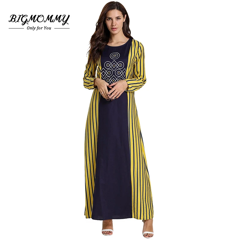 

Muslim Abaya Vertical Striped Patchwork Women Long Sleeve Maxi Dresses Fashion Embroidered Islamic Clothing Dubai Modern Abayas