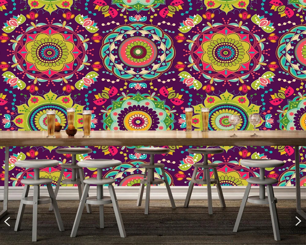 

Custom floral wallpaper, ethnic style floral fresco for bar KTV restaurant living room ceiling background home decor wallpaper