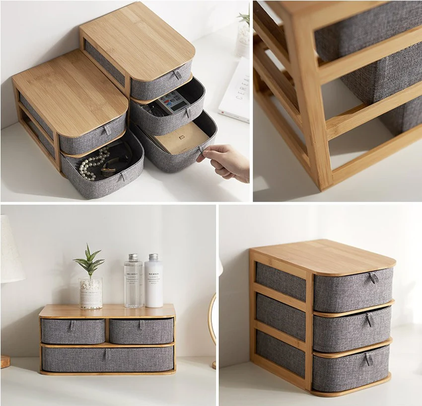 Bamboo Wood Gray Storage Drawer Desktop Nordic Sundries Superimposable Cloth Storage Box Makeup Container Home Organizer Decor