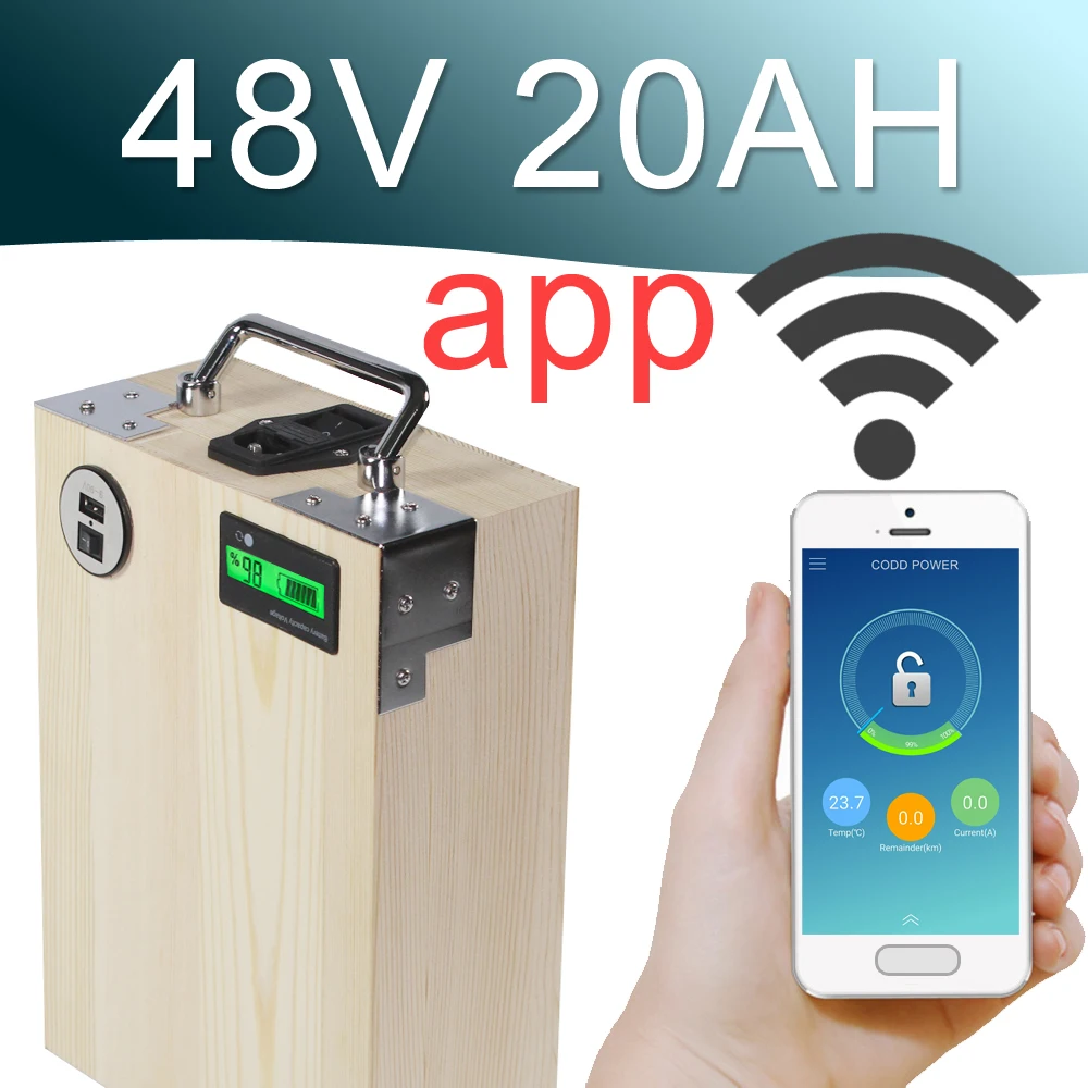 Deals Offer of  48V 20AH APP Lithium ion Electric bike Battery Phone control USB 2.0 Port Electric bicycle Scooter 