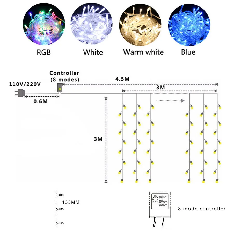 300 m x 3 m LED Icicle cortina cadena luces Hada Navidad luz 4,5 luces Navidad cadena luz para fiesta casa Garland vacaciones luces
