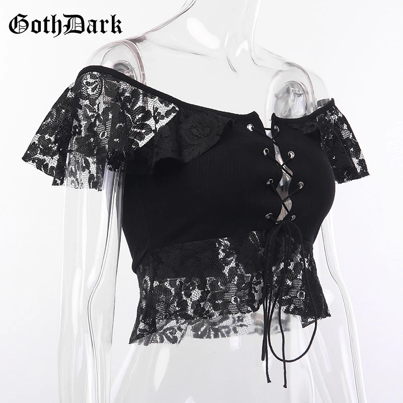 Женская кружевная блузка Goth Dark черная сетчатая короткая футболка готический топ