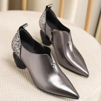 

Big size 42 women's genuine leather Sequin patchwork fashion pumps pointed toe side zip female comfortable autumn heeled shoes