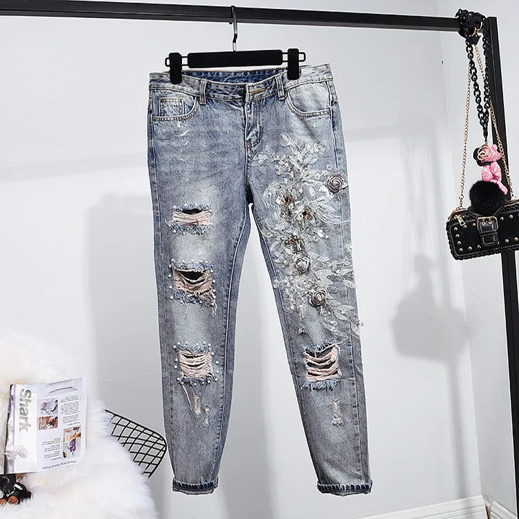 Г. Весна-осень, новая модная джинсовая куртка с длинными рукавами, украшенная бусинами+ джинсы-карандаш с дырками комплекты из двух предметов 2942