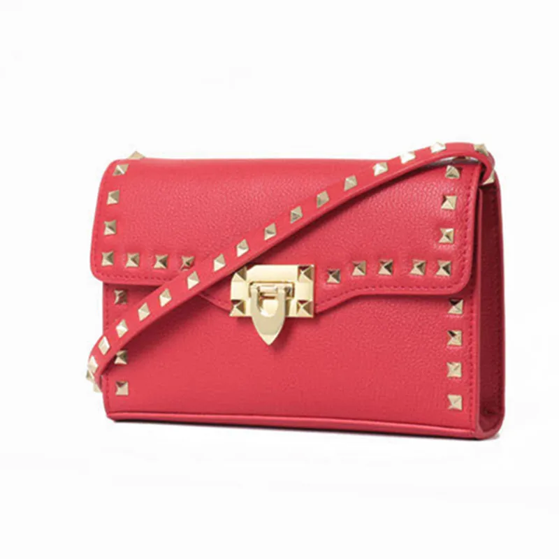 

2019 New Women Lady Genuine Leather Cowhide Rivets Designer Red Pink Handbags Flap Shoulder Bag Crossbody Messenger Bags
