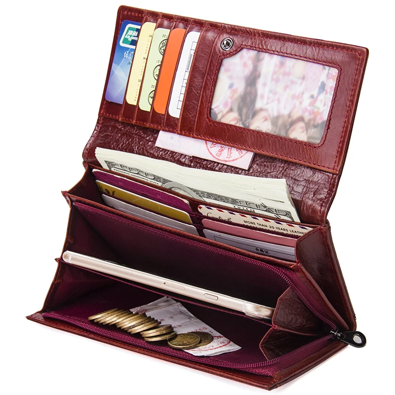 Contact's New Genuine Leather Women Clutch Wallets Multiple Cards Holder Long Female Purse With Phone Bag Fashion Woman Wallet