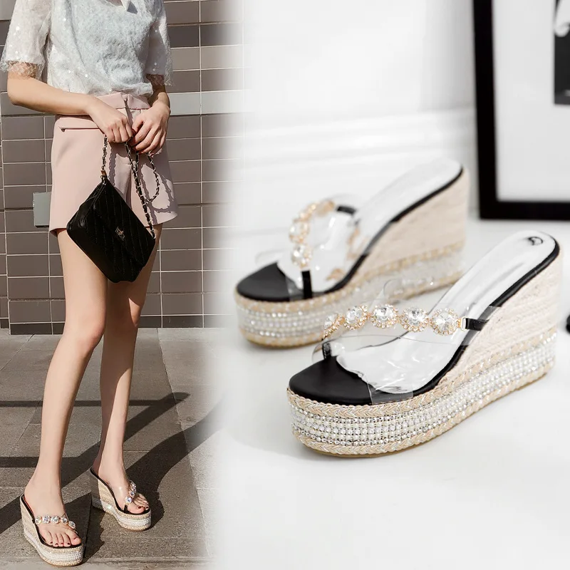 

LTARTA 2019 Sandals Slippers women's Fashion Wear New Beach Wild Pearl Crystal Wedge Heel Thick High Heel CWF-chq828-3