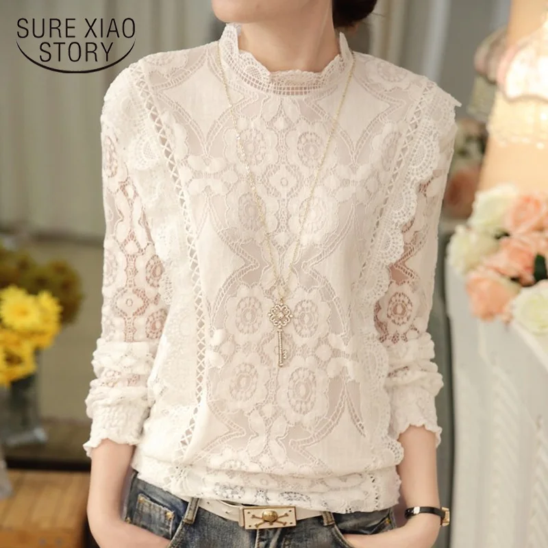 

New Arrival 2019 Autumn Women Blouses Long Sleeve Fashion Casual Chiffon Shirts Stand Floral Lace Blouses Plus Size Tops 07F 25