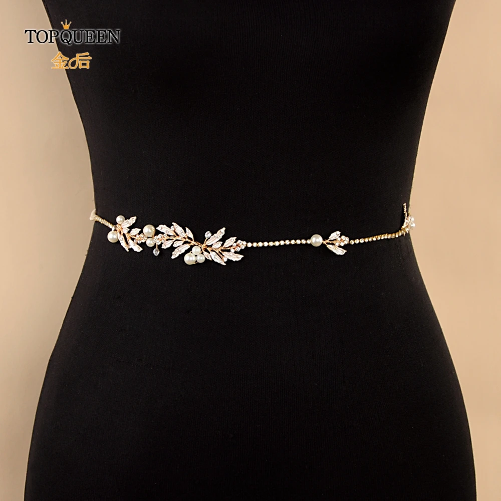 

TOPQUEEN SH87 Bridal Belts with alloy leaf Wedding Sash Belt for The Bride Wedding Accessories Thin Belts for Night Dress
