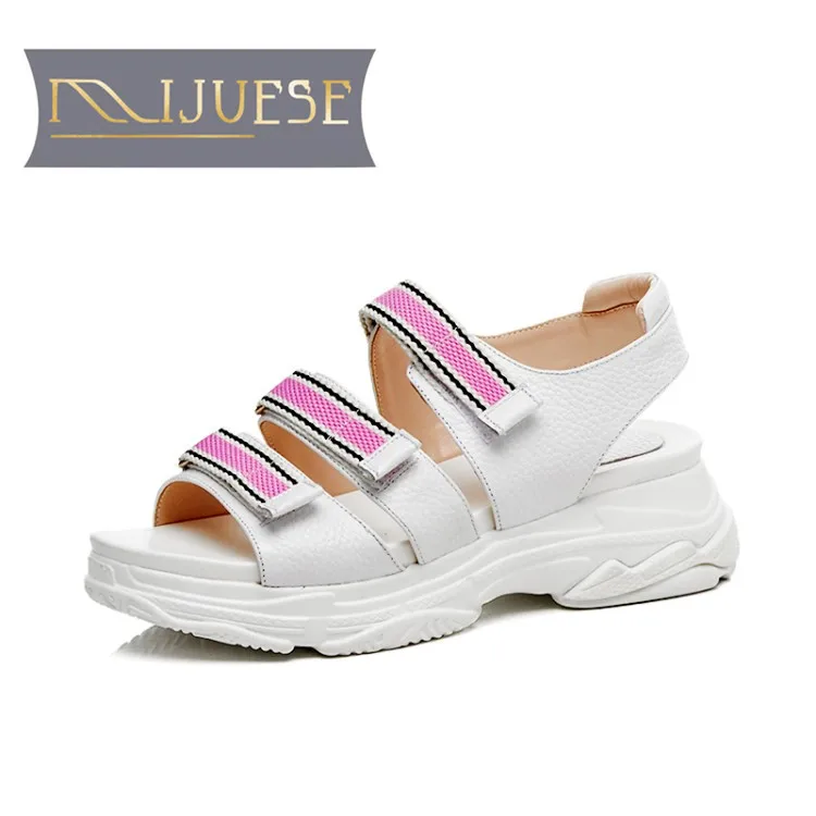 

MLJUESE 2018 women sandals cow leather Gladiator black color Hook&Loop peep toe platform sandals clunky sneakers sport sandals