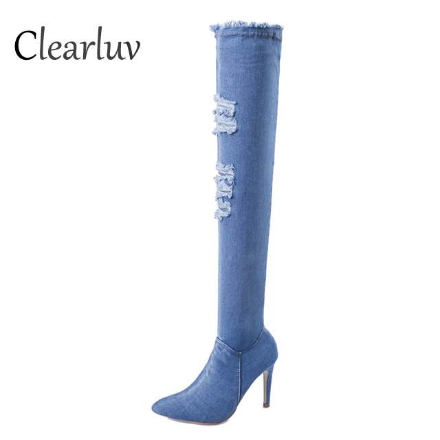 

Hot stiletto long boots hollow sexy pointed super high heel women's boots large size 36-42 yard denim rider boots high 10cmC0977