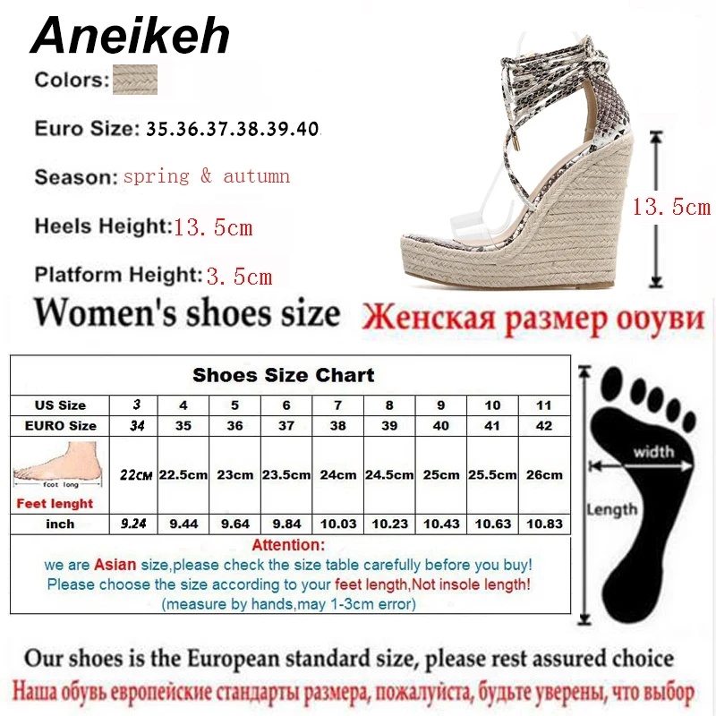 Aneikeh/лето Змеиный Для женщин сандалии на платформе, Гладиатор Модная обувь на высоком каблуке на танкетке; эспадрильи; женская обувь; женские Босоножки с открытым носком