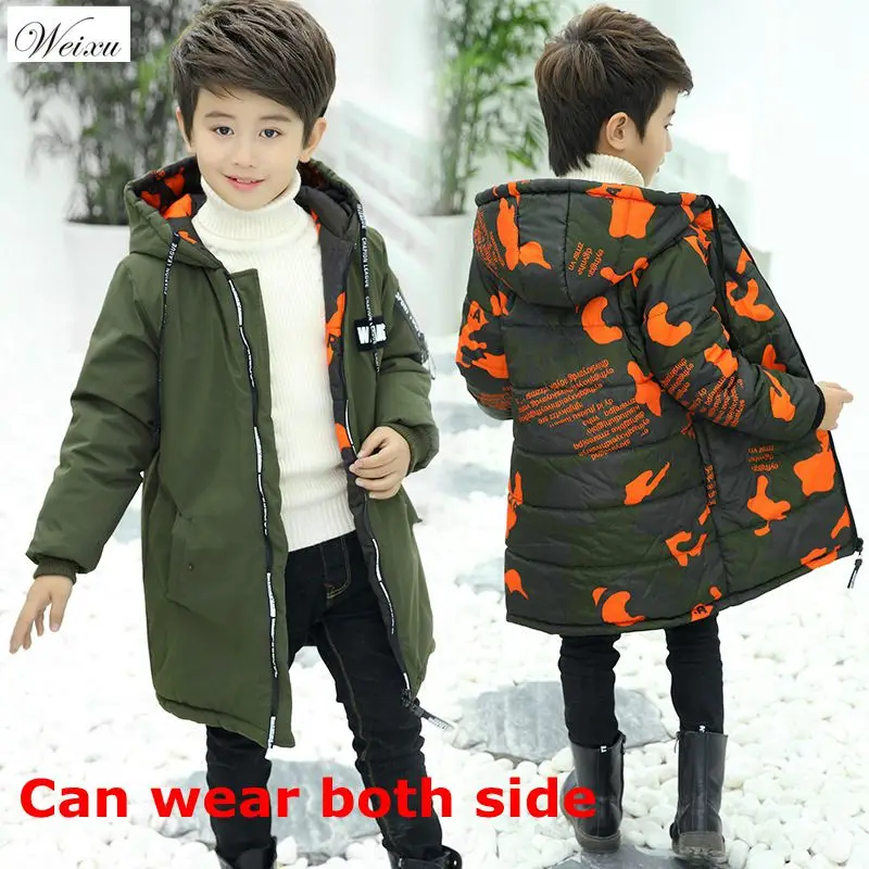 

5T-16T Baby Boys Winter Coat Hooded Children Boy Patchwork Both Side Wear Winter Zipper Jacket Kids Boys Warm Outerwear Parks