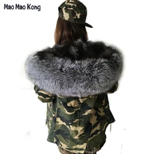 Women Large Real Raccoon Fur Collar Army Camouflage Coats Real Fox Fur Inner Jacket Female hooded Winter short Jackets