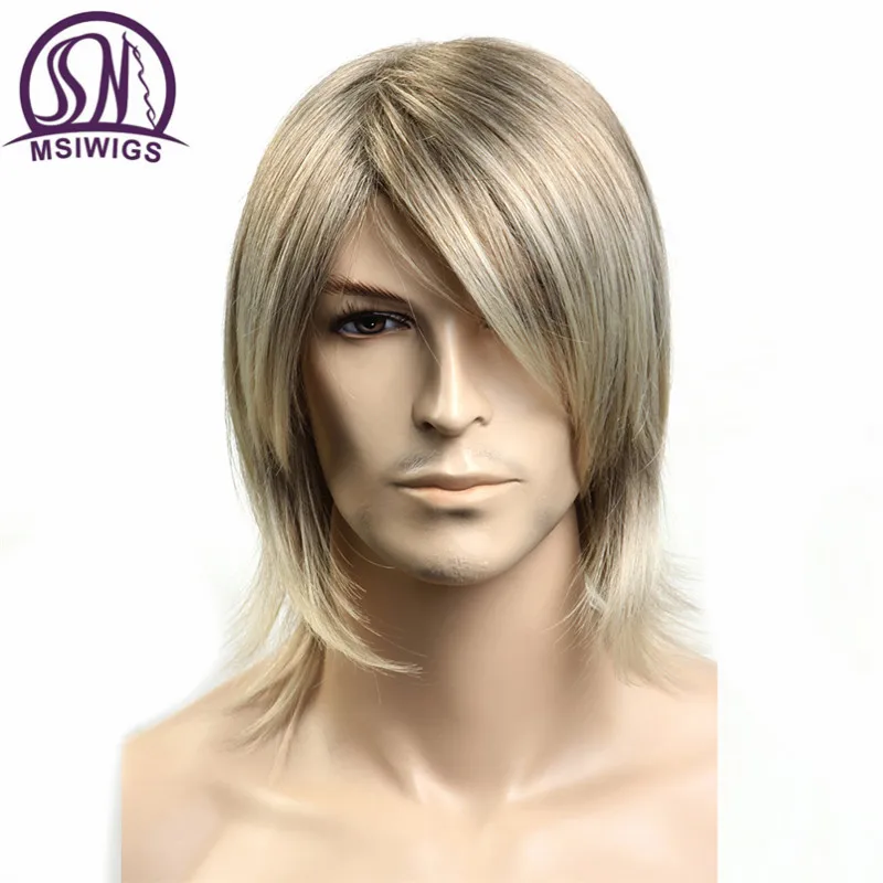 MSIWIGS Short Wavy Mens Wigs Heat Resistant Japanese Fiber Blonde Ombre Male Synthetic Wig with