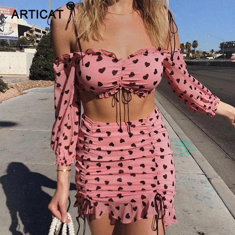 

Articat Pink Polka Dots Chiffon Two Piece Set Women Off Shoulder Ruffles Bodycon Dress Beachwear Femme Drawstring Suits Vestidos