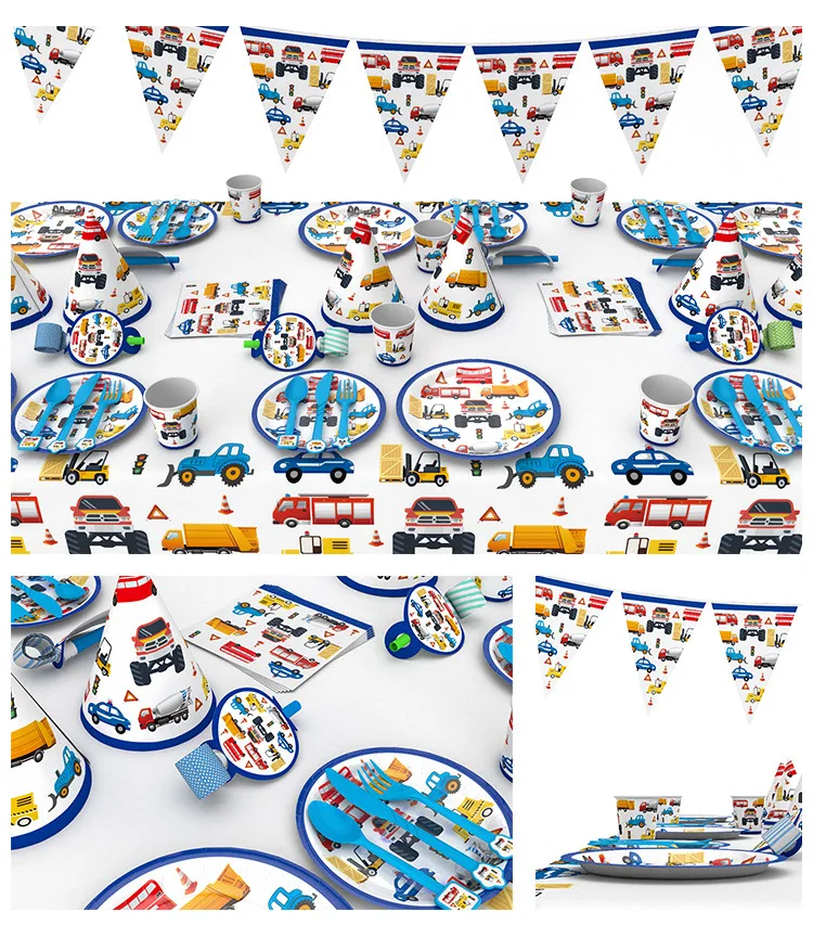 

Colorful Cartoon Cars Trucks Theme Happy Birthday Party Decorations Cups Plates Disposable Tableware Kids Shower Party Supplies