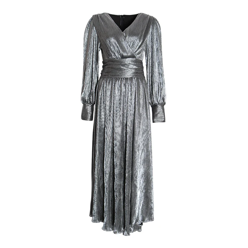 TWOTWINSTYLE бархатные платья для женщин, v-образный вырез, фонарь, длинный рукав, высокая талия, макси платья для женщин, винтажная мода, новинка - Цвет: silver