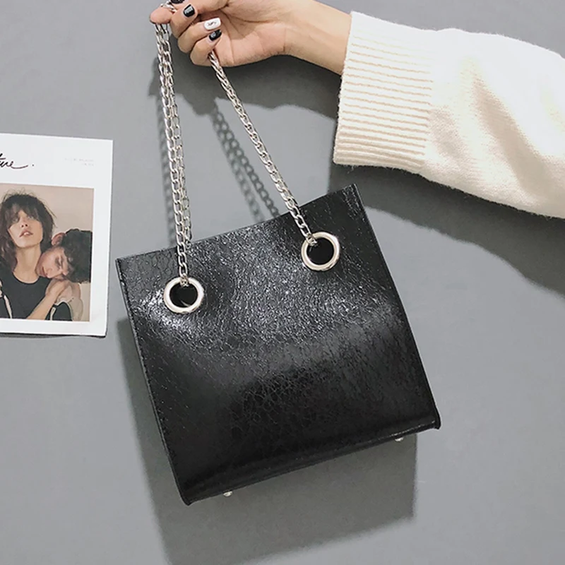 

BEAU-Tote Female Bag Burst Crack Chain Shoulder Messenger Bag Pu Leather Rivet Large Capacity Mobile Ladies Bags For Women(Bla