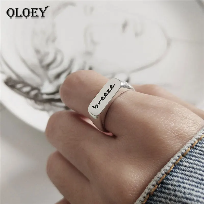 

OLOEY Genuine 925 Sterling Silver Letter Breeze Open Rings Korea Square Glossy Trendy Adjustable Ring Women Fine Jewelry YMR873