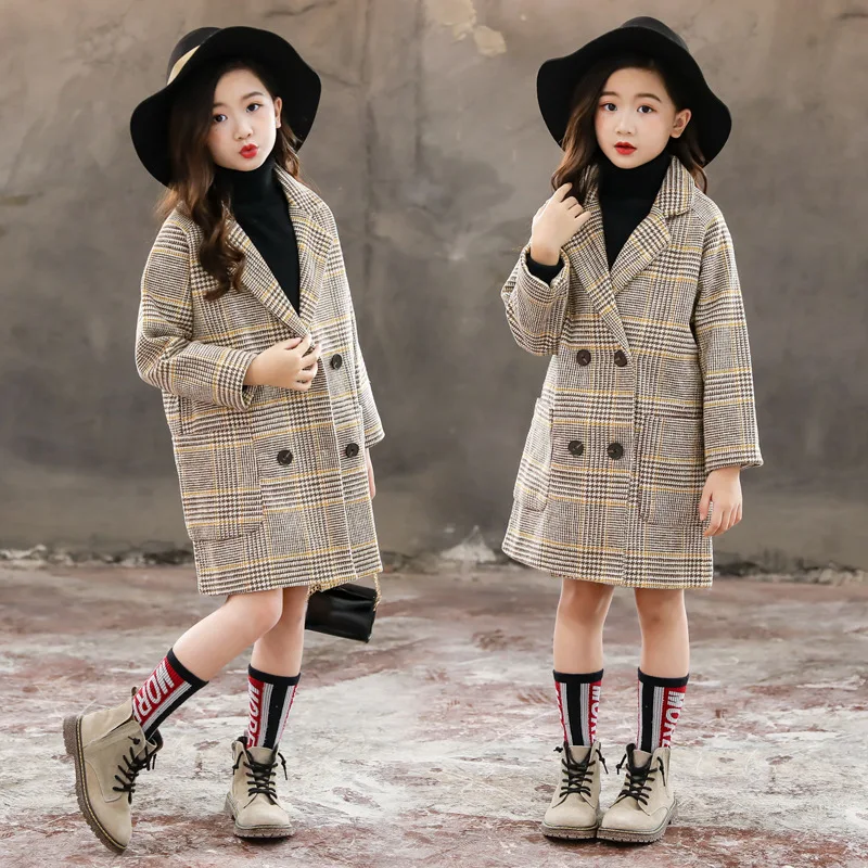 Коллекция года, зимние длинные хлопковые куртки для девочек Детская верхняя одежда для детей ясельного возраста повседневное шерстяное пальто в клетку с отложным воротником