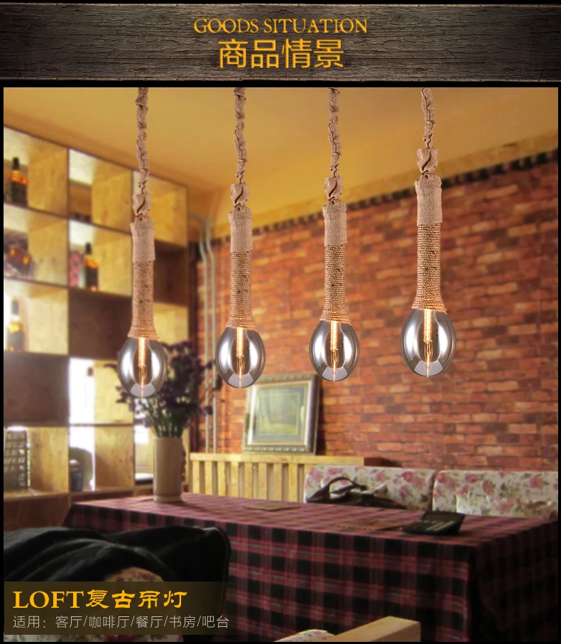 

Vintage Glass Rope Pendant Lights industrial Loft Vintage Lamp Retro Restaurant Dining Pendant Lamp Hand Knitted Hemp Rope Light