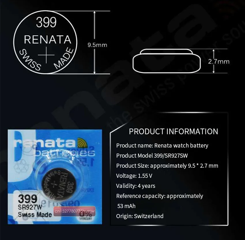 10 упаковок RENATA Swiss 399 SR927W 1 55 V для часов серебряные часы батареи|Часовые батарейки|