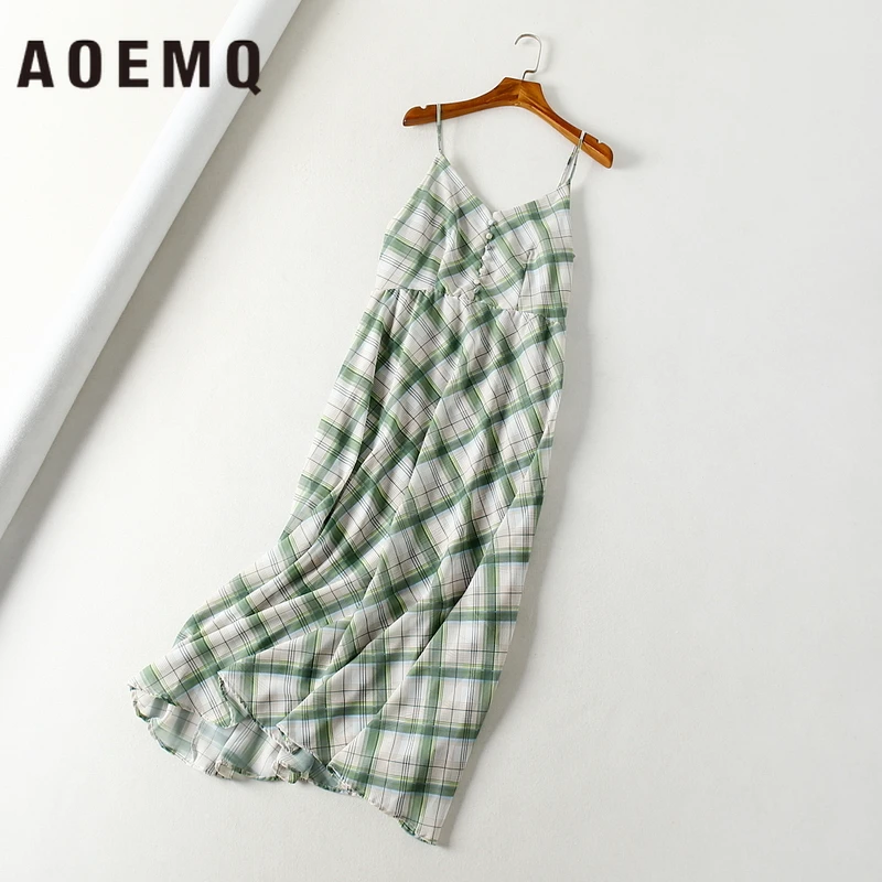 AOEMQ летнее платье с открытыми плечами светло зеленое Полосатое без рукавов и