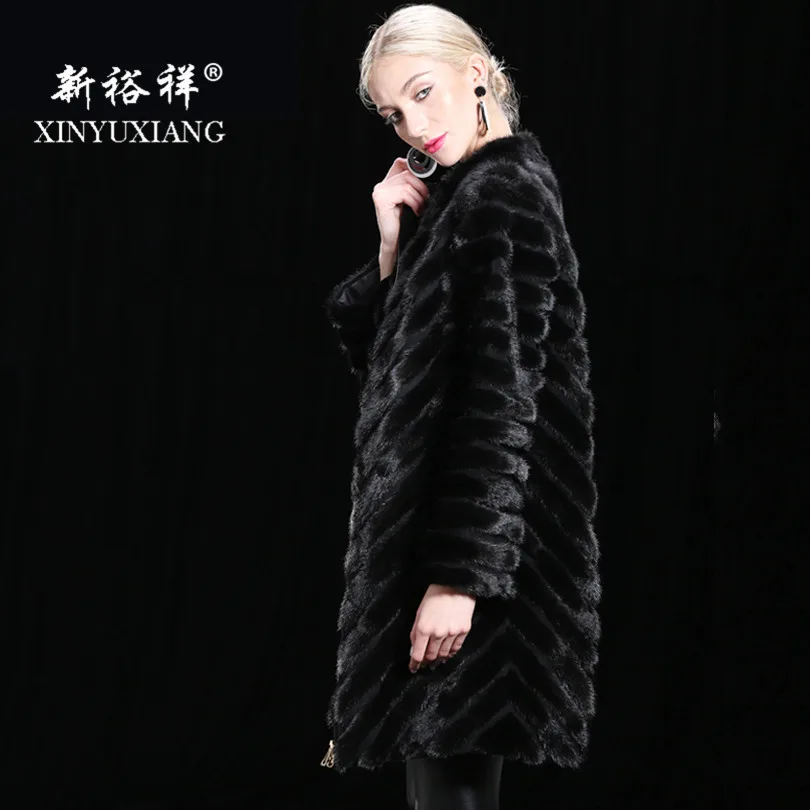 XINYUXIANG 90 см Натуральная норковая Меховая куртка женская зимняя длинная толстая теплая натуральная полоска норковая меховая верхняя одежда женская натуральная кожа пальто