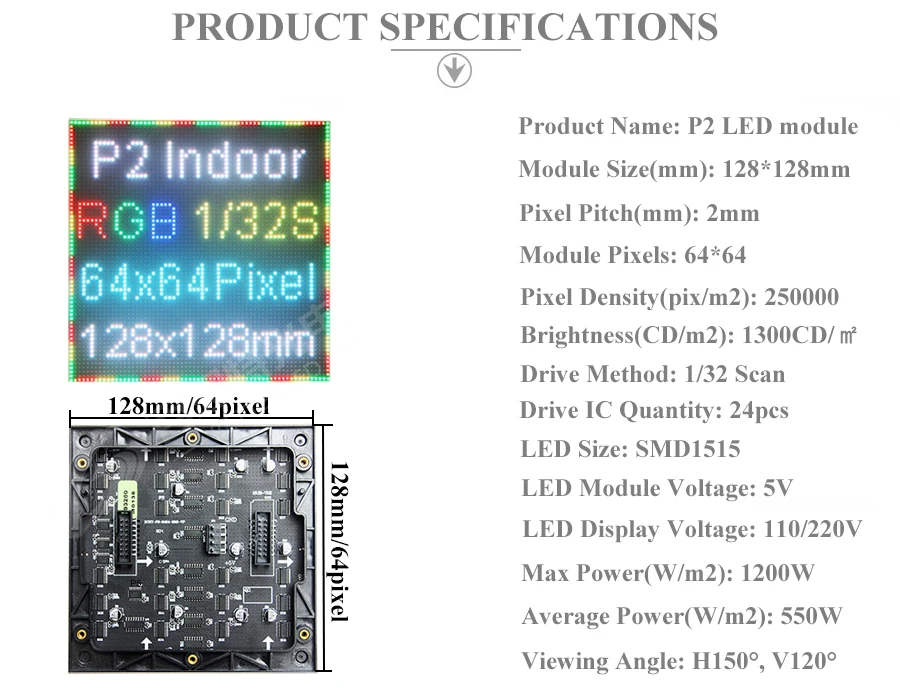 P2 светодиодный модуль панели экрана 128*128 мм 64*64 пикселей 1/32 сканирование в помещении 3в1 SMD Полноцветный P2 светодиодный модуль панели дисплея