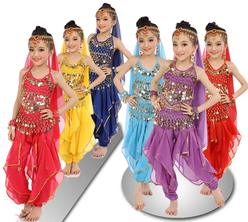

New Children Belly Dance Costume Set Girls Bollywood Dance Costumes Indian Costume For Kids 6pcs/set Wholesale