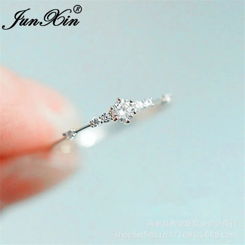 JUNXIN Female Small Crystal Thin Rings For Women 925 Silver Rose Gold Filled White Zircon Stacking Midi Ring Minimalist Jewelry