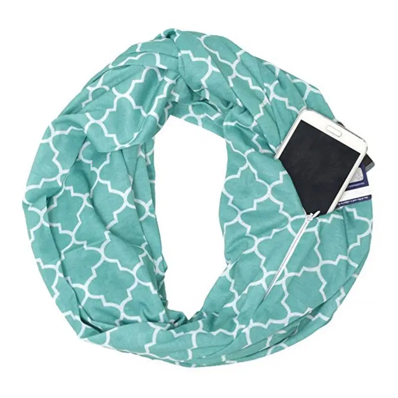 

Womens Double Layer Hidden Zipper Pocket Infinity Loop Scarf Quatrefoil Four Petals Flower Geometric Pattern Solid Color Winter