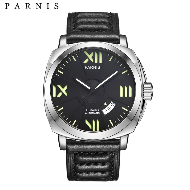  Parnis 44mm Mens Watces Top Brand Luxury Automatic Watch Mechanical Watches Calendar Luminous 100M 