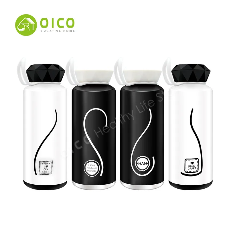 OICO 300ml New Design Simple Black And White Glass Water Bottle With Diamond Shape Cover Plastic Handle For Office/Home Use | Дом и сад