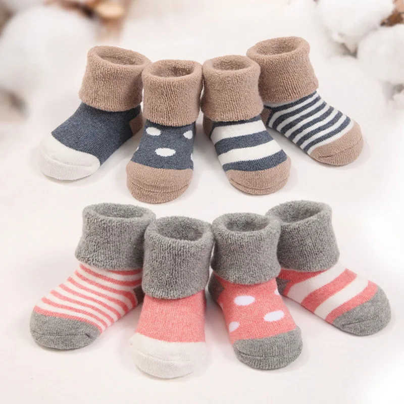 4 Pairs/lot Stripes & Dots Baby Socks Warm Winter Baby Boys Girls Socks ...