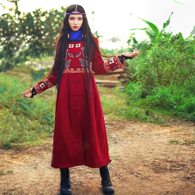 Cheap BOHOCHIC Original Vintage Ethnic Bohemian Nepal Mongolian Tibetan Cotton Embroidery Red Coat Women Long Parka AHZ0075D Boho Chic