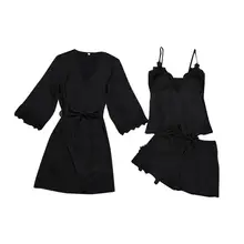 Лето осень 3 шт ночная рубашка пижамные комплекты женский сексуальный халат с ремешком ночное белье короткий рукав ночная рубашка атласное белье нагрудный коврик