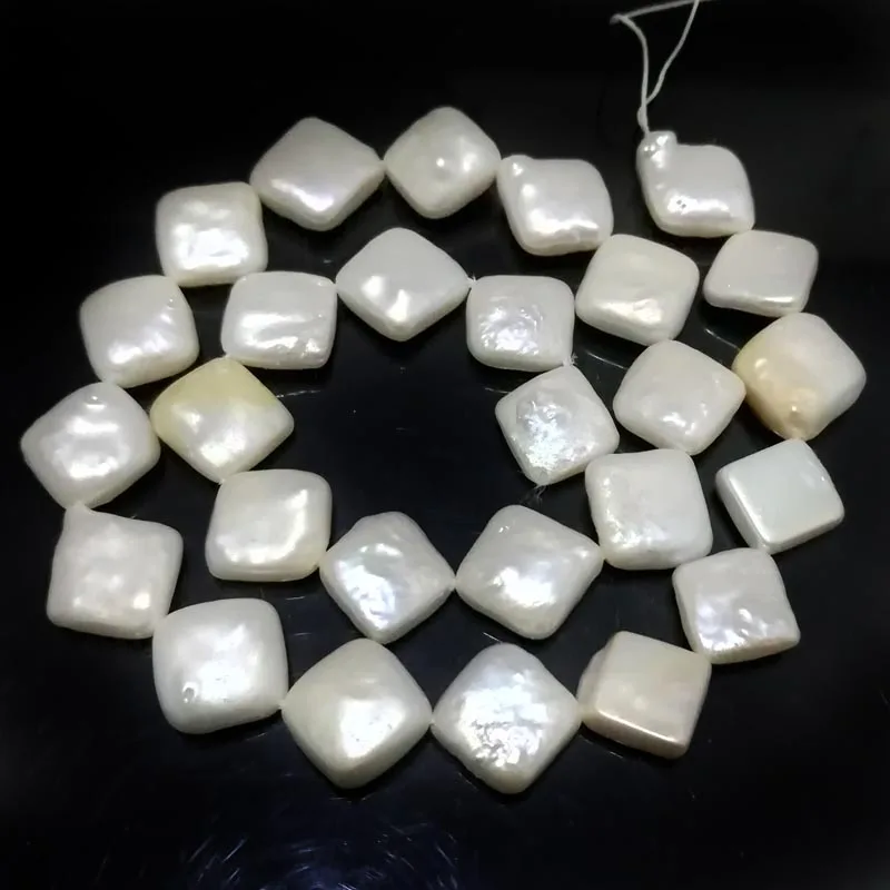 

16 inches 14-15mm White Diagonally Drilled Flat Square Shaped Natural Pearl Loose Strand