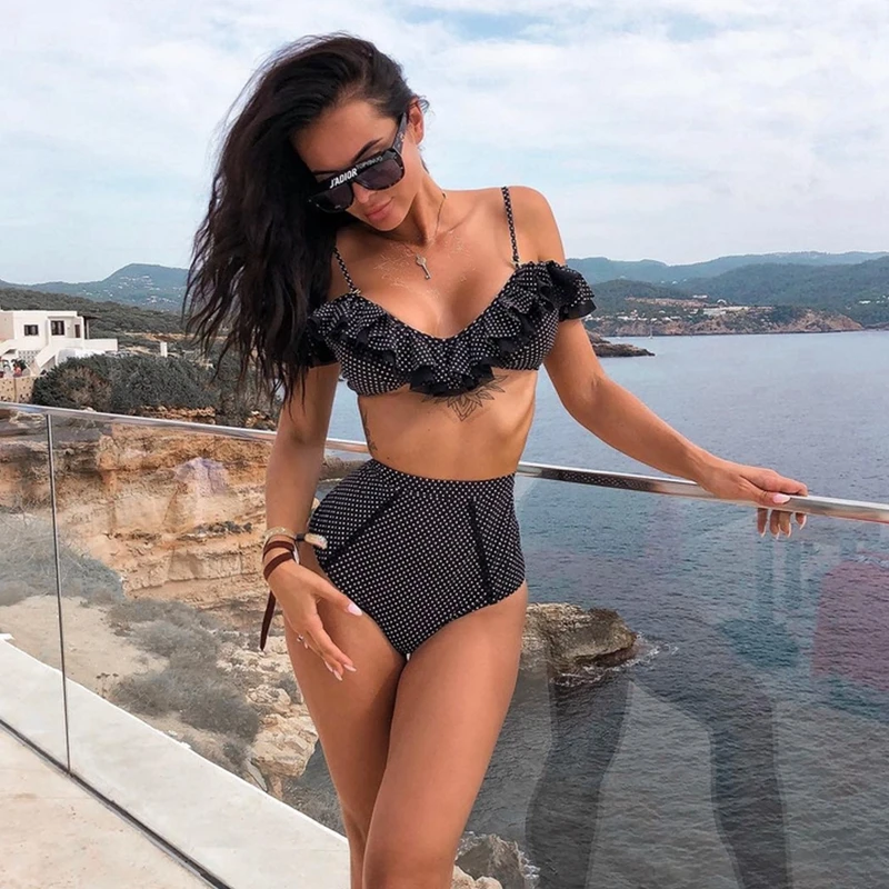 

Vintage Women Ruffles Bandeau Push Up High Waist Bikini Retro Polka Dot Swimwear Beach Swimsuit