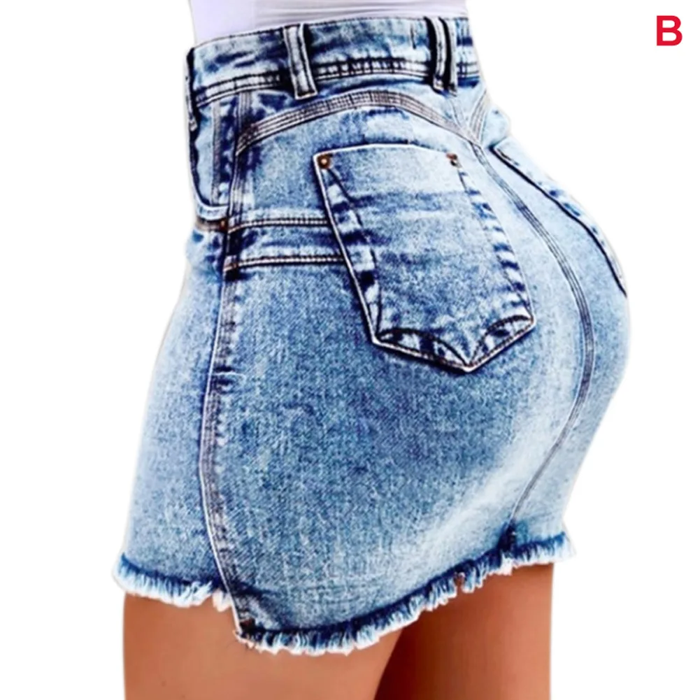 Women Short Jeans High Waist Tassel Hem Holes Hot Shorts for Summer KNG88 - Color: light blue B