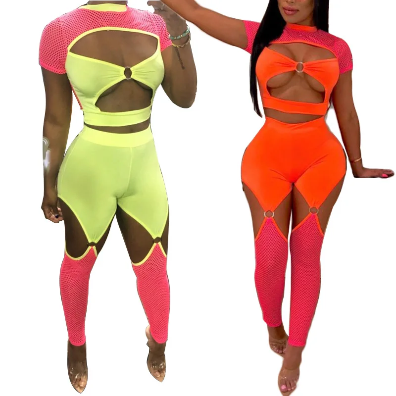 

2019 Summer Sexy Club Bodysuit Women Color Block Howllow Out Transparent Mesh Jumpsuits