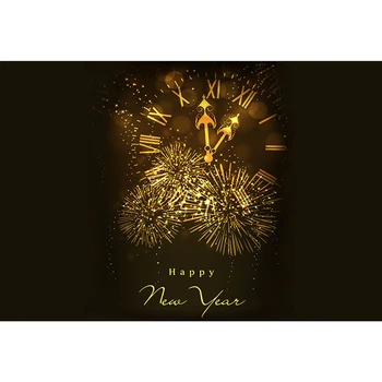

Sparkling Fireworks Happy New Year Backdrop Printed Gold Clock Kids Family Xmas Party Back Drop Christmas Background Photography