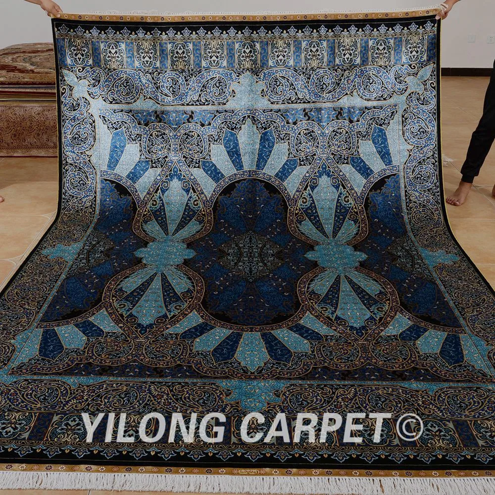 

Yilong 6.56'x9.84' hand made turkish silk rug dark blue kashmir silk carpets (0767)